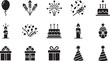 © MSTSARMIN - Collection of black and white silhouette vector icons representing birthday party celebration elements