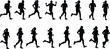 © Mehebub Creatives - Running people silhouettes, athletic motion, jogging stride, dynamic movement, sports activity, fitness gesture, backpack runners, flat vector illustration