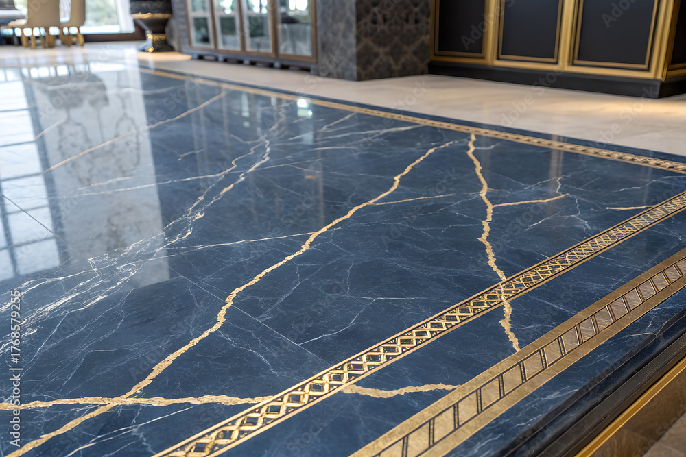 Luxurious interior with polished blue marble floor and ornate gold ...