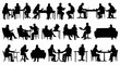 © jamal - Silhouettes of people working reading and sitting in various poses and furniture in a black and white image