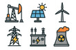 © Graphic Genius - Colorful set of six energy icons featuring oil pump, solar panel with sun, wind turbine, electrical tower, substation, and nuclear plant with radiation symbol.