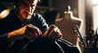 © ColdFire - Young caucasian male tailor carefully sewing fabric in a dimly lit workshop, focusing intently on his craft with tools and a mannequin nearby.