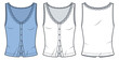 © Liubov Hladka - Women Lace Trim Button Tank Top Fashion Flat Sketch. V-Neck Top fashion flat technical drawing template, front and back view, white, blue, women CAD mockup set.