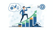 © Arnette - Visionary businessman with a telescope climbs a rising bar graph, symbolizing progress and overcoming challenges, aiming for success and future goals, with icons of a rocket and gears in a thought