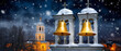 © Julia - Christmas bells ringing above snowy chapel at night, spiritual warmth, blurred background, with copy space