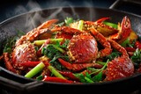 Stir fried Crab Dish with Green Vegetables and Red Peppers Close Up, Asian Cuisine
