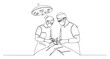 © Luka - Surgical operation, doctors performing procedure under lamp, continuous line medical scene