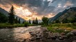 © Harry - Golden hour sunset paints dramatic clouds over majestic mountain river valley with evergreen trees and wildflowers