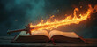 © Maryna - Ancient open Bible on rustic wood. Burning sword rests on pages. Blade glows with bright orange flames, radiating powerful light, spiritual truth from scripture. Divine word, wisdom, strength,