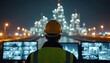© Maryna - Security worker watches plant at night. Man controls process on monitors in control room. Engineer looks at industrial manufacture complex. Safety inspector monitors factory operation with