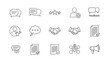 © Maple - Collection of business and communication icons in white outline style on a black background, including speech bubbles, star ratings, user profiles, handshake, document with checkmark, thought bubble