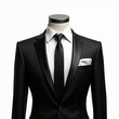 © Maryna - Headless mannequin wears formal black suit with white shirt and black tie. Pocket square adds detail. Clean white background suits business attire.