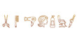 © Aretha - Golden line art icons representing hair salon and beauty services, including scissors, comb, hairdryer, female silhouette, shampoo bottle, barber chair, and curling iron, set against a black