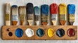 © RokuKyuu - Vibrant artist brushes loaded with colorful paints ready for creative projects, showcasing a palette of blues, reds, yellows, black, and white