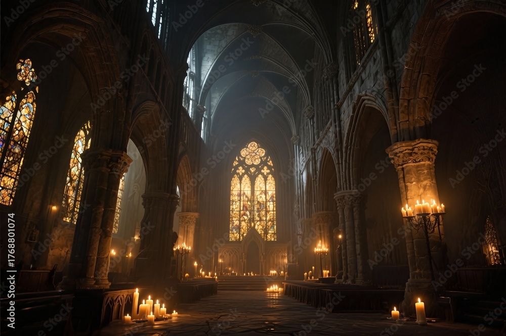 Mystical Interior of a Gothic Cathedral with Candlelight and Stained ...