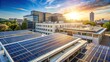 © Kitiphong - Solar panel rooftop on a sunny day with modern hospital building in background
