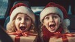 © Oleh - Two overjoyed children in santa hats showing surprise and happiness while receiving christmas gifts wrapped with red ribbons, celebrating holiday anticipation in a car