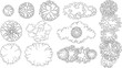 © Cubarsi - A collection of tree top view symbols for architectural and landscape design plans. Black and white line drawing illustrations for mapping and site plans