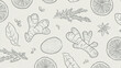 © Marut - Seamless minimal lineart of herbal cups ginger root citrus slice leaf star anise and herb sprigs, perfect for kitchen decor or tea packaging, with calm and natural vibe