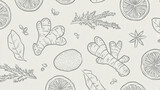 Seamless minimal lineart of herbal cups ginger root citrus slice leaf star anise and herb sprigs, perfect for kitchen decor or tea packaging, with calm and natural vibe