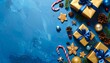 © jeksonjs - Christmas Background with Blue and Gold Gifts - Holiday Decor and Candy Canes - Copy Space Template - AI Generative