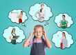 © New Africa - Little girl choosing future profession. Thought balloons with women presenting different occupations on turquoise background