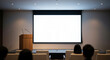© Arina - Empty conference hall with podium and blank screen for Presenter with Audience Mockup and corporate design