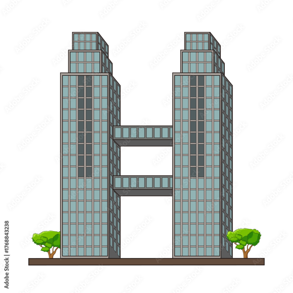 Cartoon illustration of a modern skyscraper with two towers connected ...