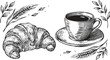 © Josim - Hand drawn sketch of a croissant and a cup of coffee breakfast illustration