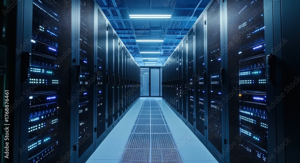 Advanced data center corridor with rows of illuminated server racks and ...