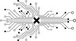© pishu Studio - Monochrome illustration of a complex electronic circuit board with a central processing unit marked by an X.