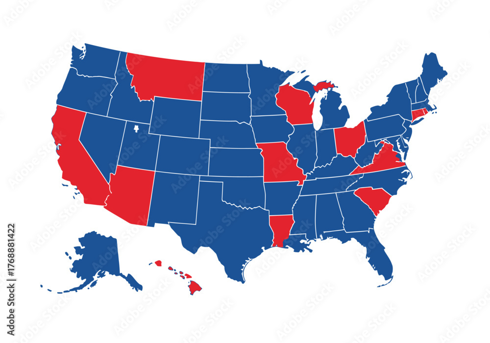 United States political map showing red and blue states with election ...