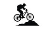 © AL-AMIN - Dynamic silhouette of a mountain biker in mid air performing a jump over an obstacle on a white background