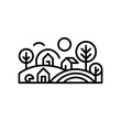 © Iconic Tarek - Countryside Outline Icon with Hills, Houses, Trees, and Sun on Transparent Background