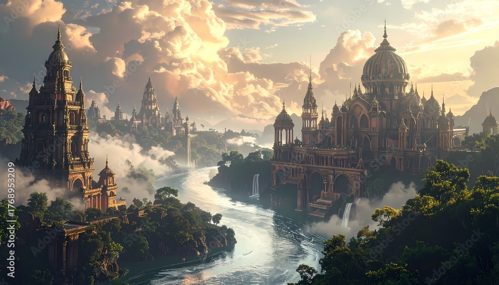 Fantasy Cityscape with Majestic Towers and Flowing River at Sunset ...