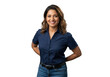 © VecorWing - Smiling south asian woman in blue shirt poses with hands behind back