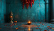 © Zeeshan - A lit diya lamp on the floor surrounded by flower petals, with a lantern and wall decorations