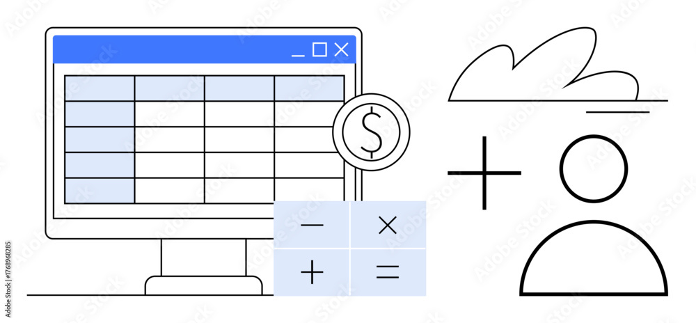 Spreadsheet Computer Symbol Digital spreadsheet on computer screen, dollar sign icon, cloud ...
