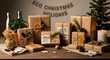 © Sirinya - Christmas and zero waste, eco friendly packaging gifts in kraft paper on a wooden table, eco christmas holiday concept, eco decor banner