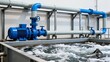 © Sin - Industrial water pump system with blue motor and pipes in a waterfilled basin showcasing engineering and fluid dynamics for industrial applications and water management solutions and systems