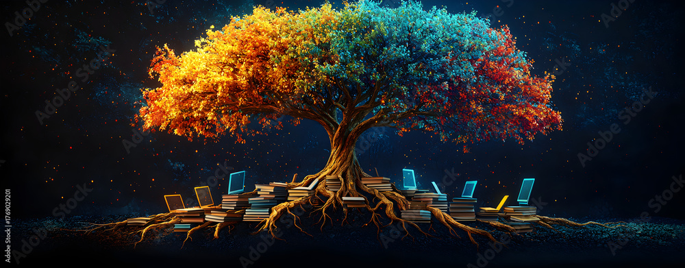 Conceptual learning tree with colorful branches and roots linking books ...