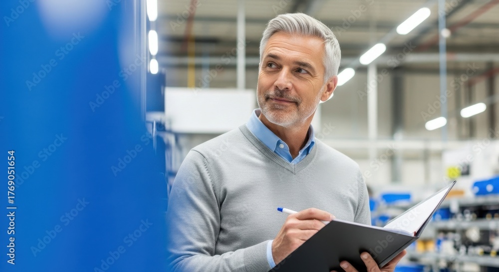 Someone Inspecting Inventory Professional man inspecting inventory in a warehouse during daylight ...