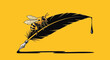 © studo - A whimsical illustration of a bee perched on a quill pen, dripping with dark ink against a mustard