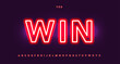 © artyway - Online Casino Font Red Neon Alphabet, 3D Glowing Letters, Sans Serif Type for Glow Jackpot Bonus Win Prize Text Logo Headline, Gambling Typography on Purple Violet Background. Vector Typeset