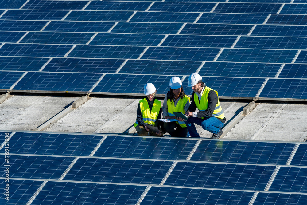 Engineers inspecting solar panels on rooftop power plant Stock Photo ...