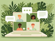 © Chici - Ilustração vetorial de videoconferência com pessoas diversas em meio a folhagens verdes exuberantes, promovendo comunicação e conexão.
