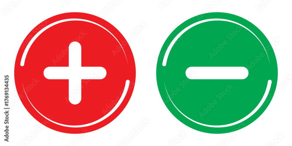 Green plus and Red minus symbols, Positive an negative solid thin line ...