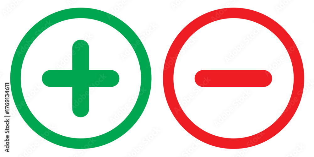 Green plus and Red minus symbols, Positive an negative solid thin line ...