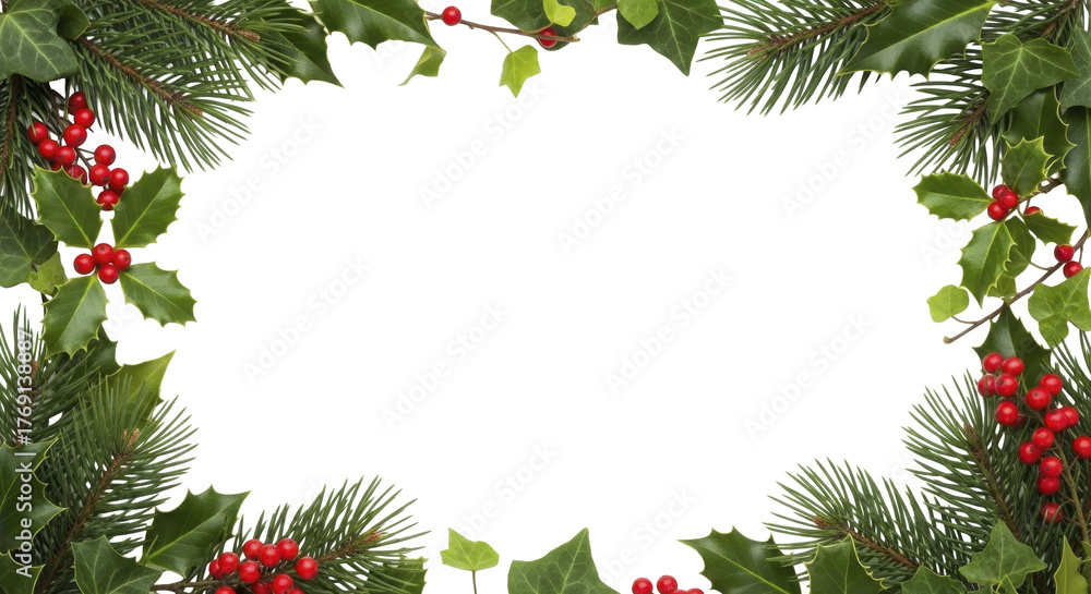 Festive winter frame with holly berries, pine branches, and ivy leaves ...