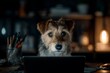 © A - Shorty Kitano - Fearful pup surfs the web in a dark room. Dog at laptop. Is destiny a lie programmed into our artificial environment. Dog typing night. Dog sits human.